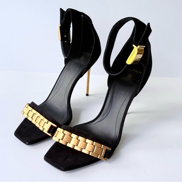 Balmain Uma Chain High Heel Sandals in Black Suede w/ Gold 38.5 - Picture 7 of 16